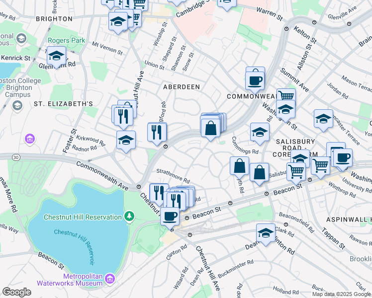 map of restaurants, bars, coffee shops, grocery stores, and more near 8 Kinross Road in Boston
