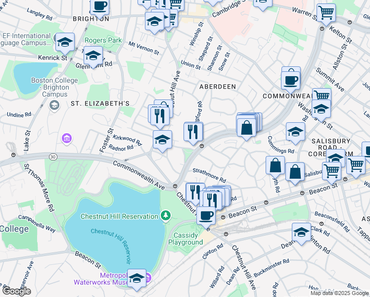 map of restaurants, bars, coffee shops, grocery stores, and more near 32 Sidlaw Road in Boston