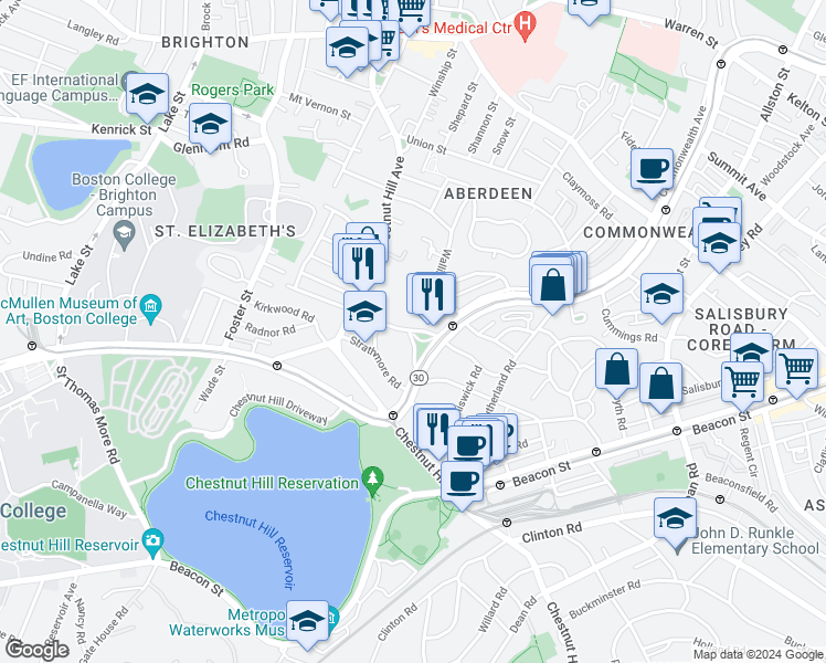 map of restaurants, bars, coffee shops, grocery stores, and more near 32 Sidlaw Road in Boston