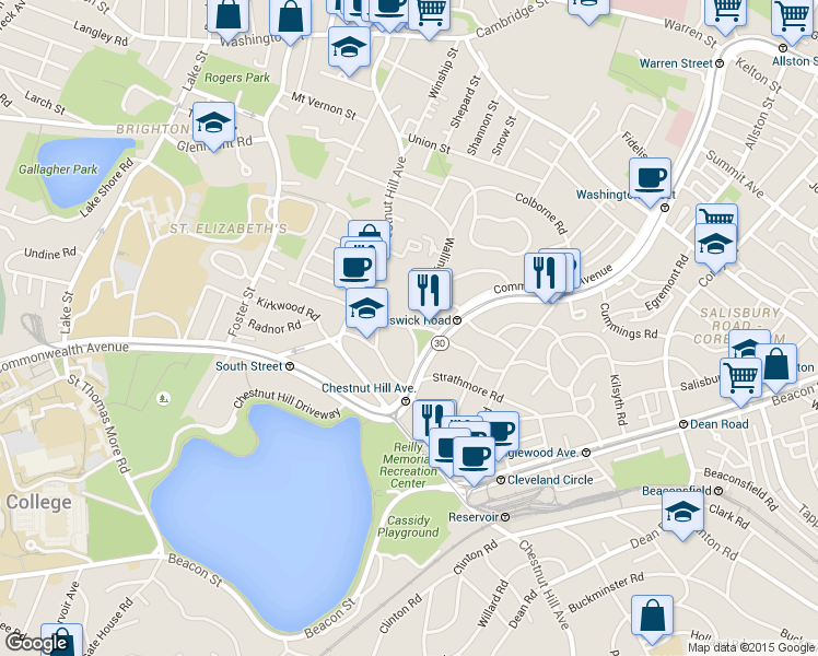 map of restaurants, bars, coffee shops, grocery stores, and more near 32 Sidlaw Road in Boston