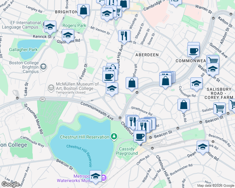 map of restaurants, bars, coffee shops, grocery stores, and more near 186 Chestnut Hill Avenue in Boston