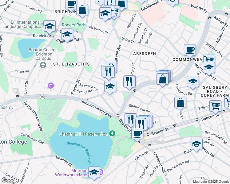 map of restaurants, bars, coffee shops, grocery stores, and more near 186 Chestnut Hill Avenue in Boston