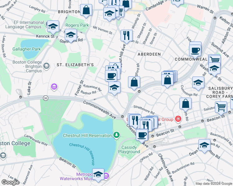map of restaurants, bars, coffee shops, grocery stores, and more near 186 Chestnut Hill Avenue in Boston