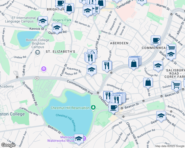 map of restaurants, bars, coffee shops, grocery stores, and more near 186 Chestnut Hill Avenue in Boston