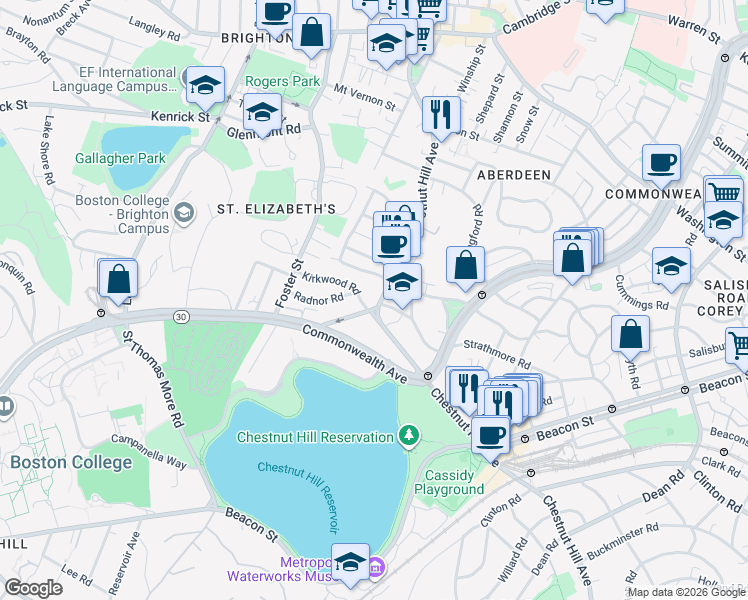 map of restaurants, bars, coffee shops, grocery stores, and more near 217 Chestnut Hill Avenue in Boston