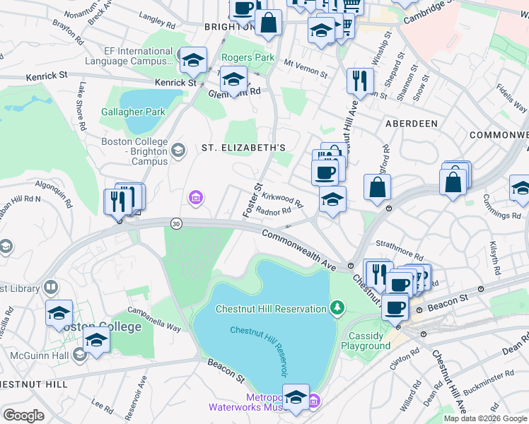 map of restaurants, bars, coffee shops, grocery stores, and more near 15 Radnor Road in Boston