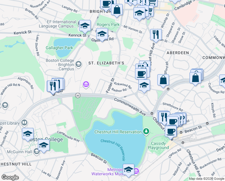 map of restaurants, bars, coffee shops, grocery stores, and more near 15 Radnor Road in Boston