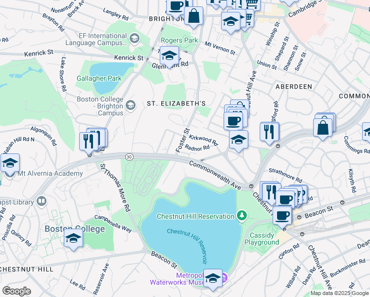 map of restaurants, bars, coffee shops, grocery stores, and more near 15 Radnor Road in Boston