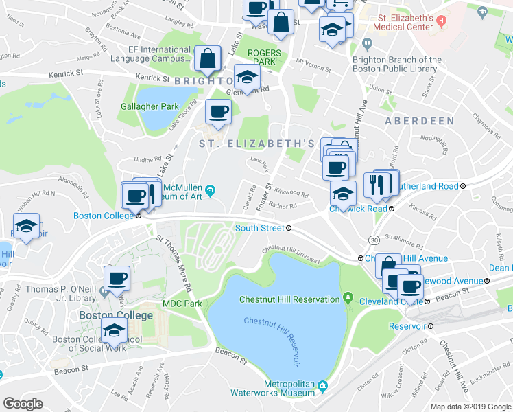 map of restaurants, bars, coffee shops, grocery stores, and more near 11 Gerald Road in Boston