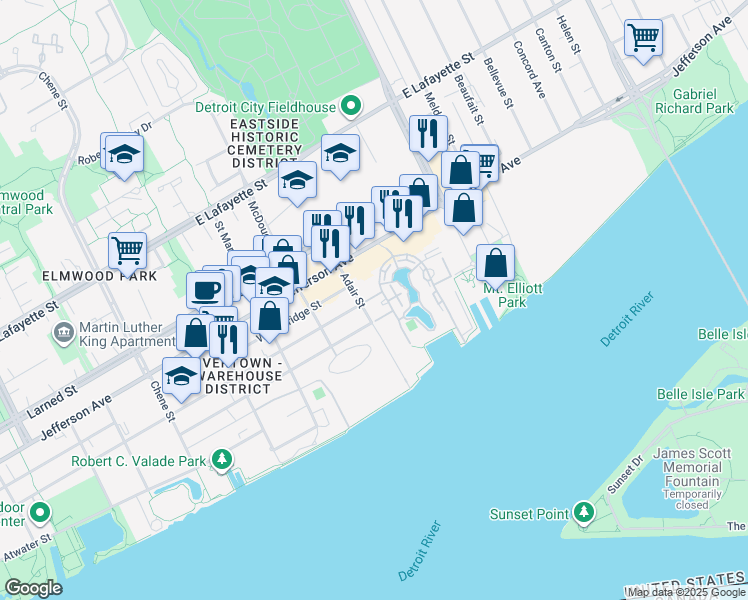 map of restaurants, bars, coffee shops, grocery stores, and more near 3320 Spinnaker Lane in Detroit