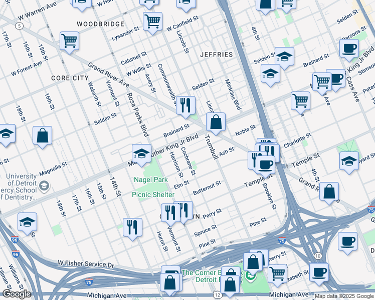 map of restaurants, bars, coffee shops, grocery stores, and more near 3413 Cochrane Street in Detroit