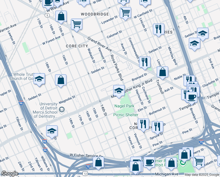 map of restaurants, bars, coffee shops, grocery stores, and more near 2001-2037 Brainard St in Detroit