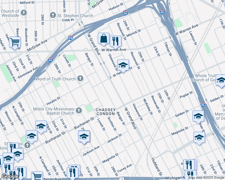 map of restaurants, bars, coffee shops, grocery stores, and more near 4536 Bangor Street in Detroit