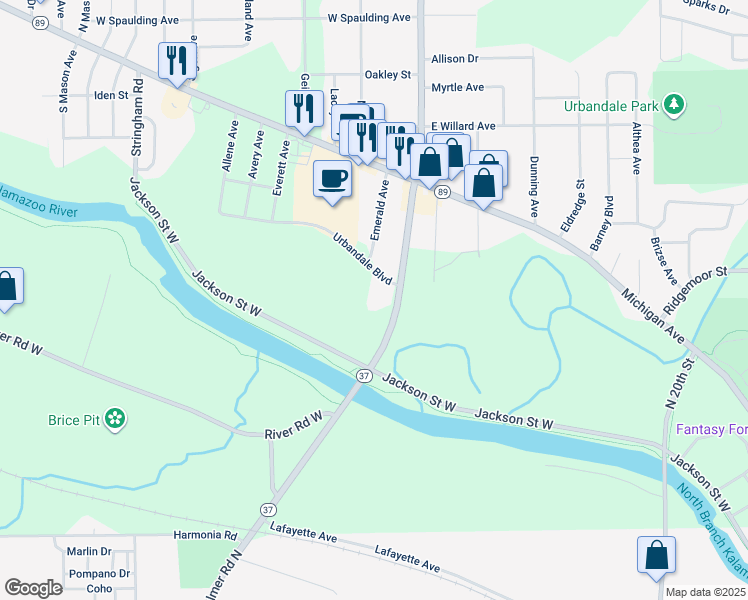 map of restaurants, bars, coffee shops, grocery stores, and more near 100 South Bedford Road in Battle Creek