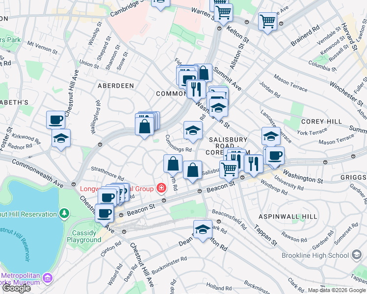 map of restaurants, bars, coffee shops, grocery stores, and more near 11 Cummings Road in Boston