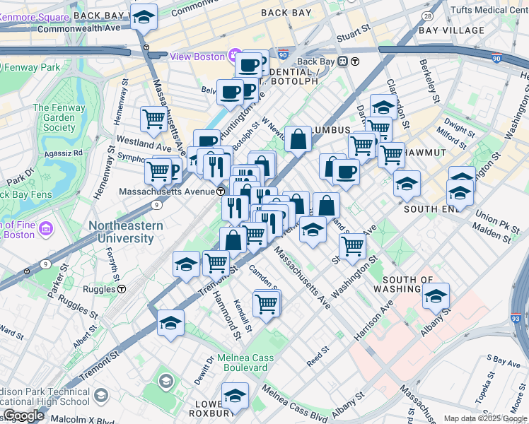 map of restaurants, bars, coffee shops, grocery stores, and more near 212 West Springfield Street in Boston