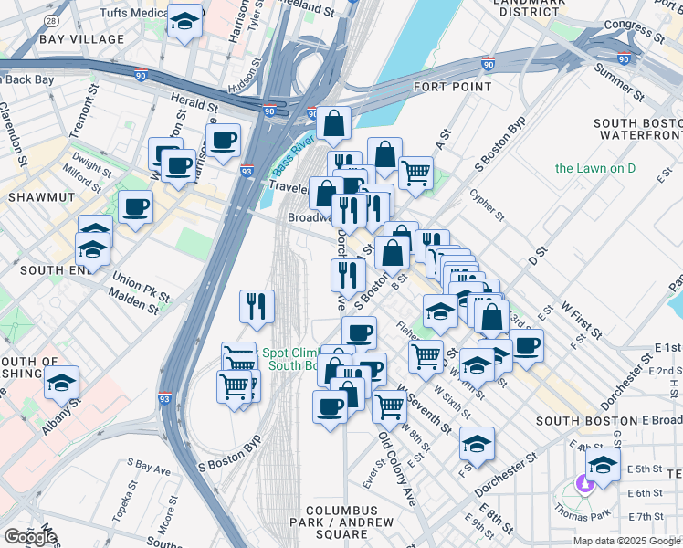 map of restaurants, bars, coffee shops, grocery stores, and more near Dorchester Ave & A St in Boston