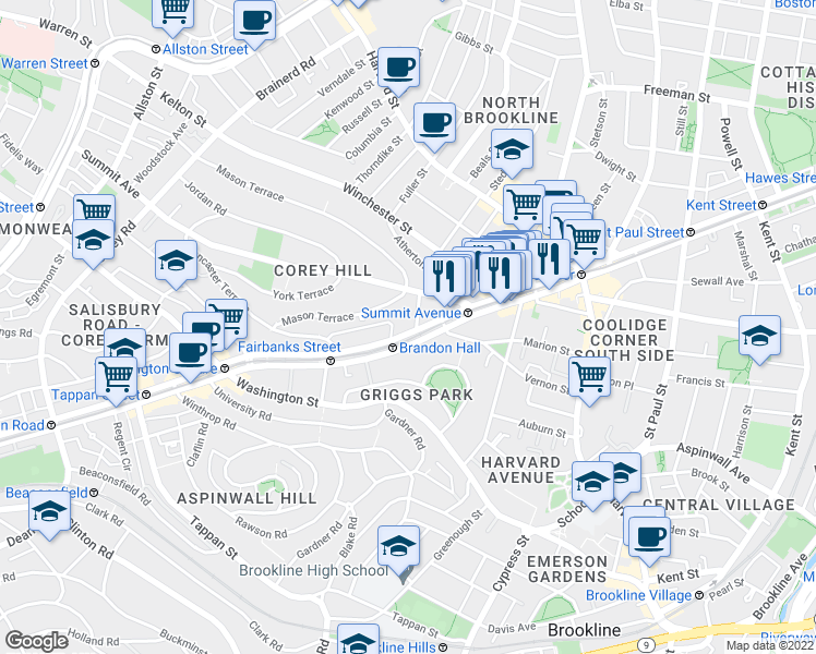 map of restaurants, bars, coffee shops, grocery stores, and more near 1476 Beacon Street in Brookline