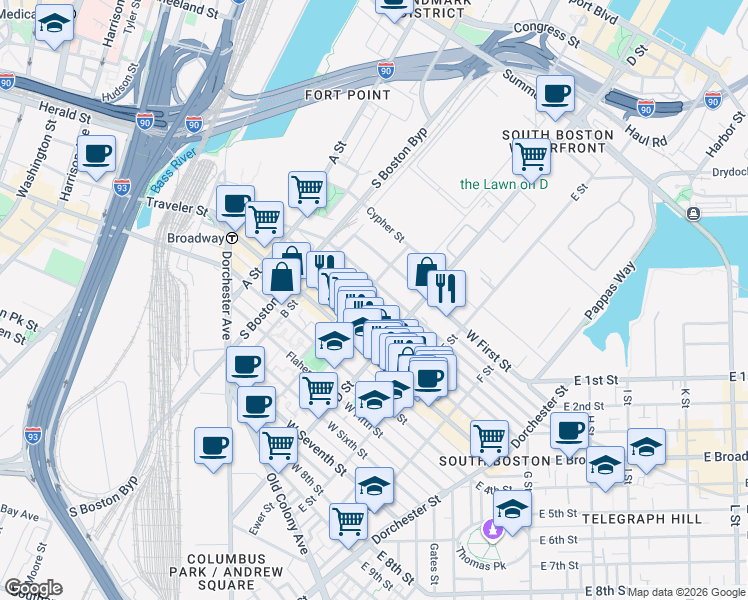 map of restaurants, bars, coffee shops, grocery stores, and more near 120 Bolton Street in Boston