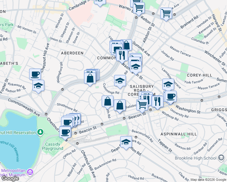map of restaurants, bars, coffee shops, grocery stores, and more near 11 Cummings Road in Boston