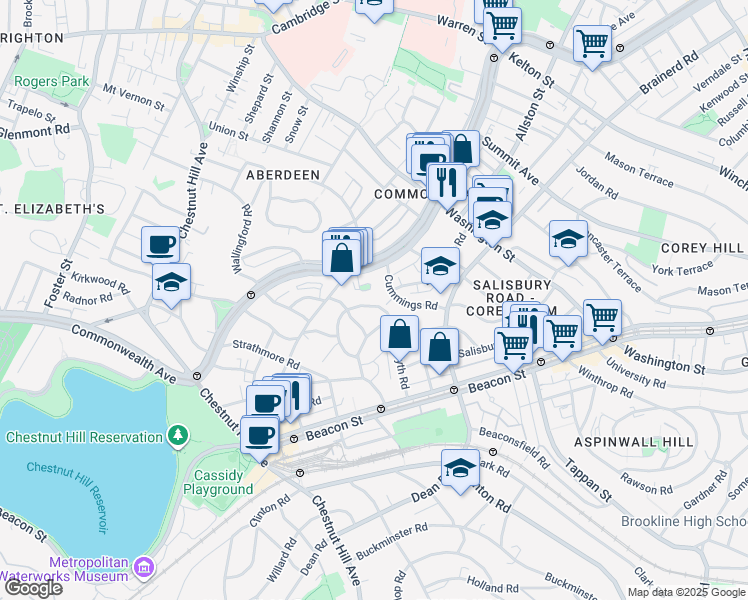 map of restaurants, bars, coffee shops, grocery stores, and more near 36 Cummings Road in Boston