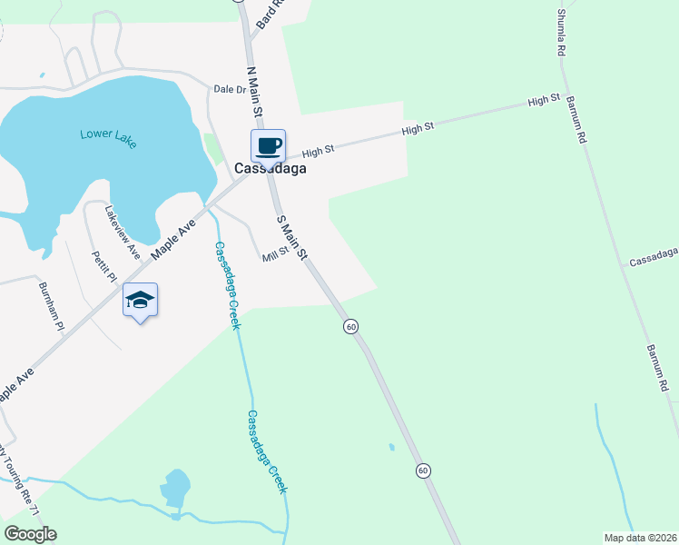 map of restaurants, bars, coffee shops, grocery stores, and more near 128 South Main Street in Cassadaga