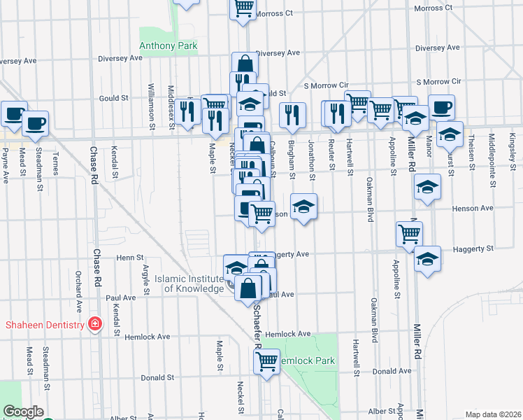 map of restaurants, bars, coffee shops, grocery stores, and more near 6800 Schaefer Road in Dearborn
