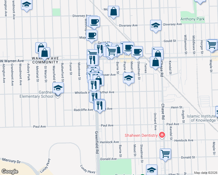 map of restaurants, bars, coffee shops, grocery stores, and more near 6816 Yinger Avenue in Dearborn