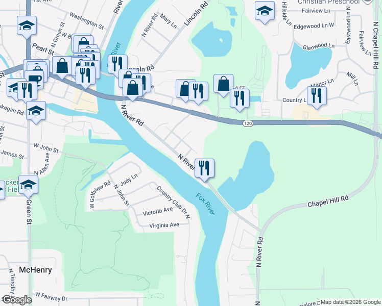 map of restaurants, bars, coffee shops, grocery stores, and more near 828 North River Road in McHenry