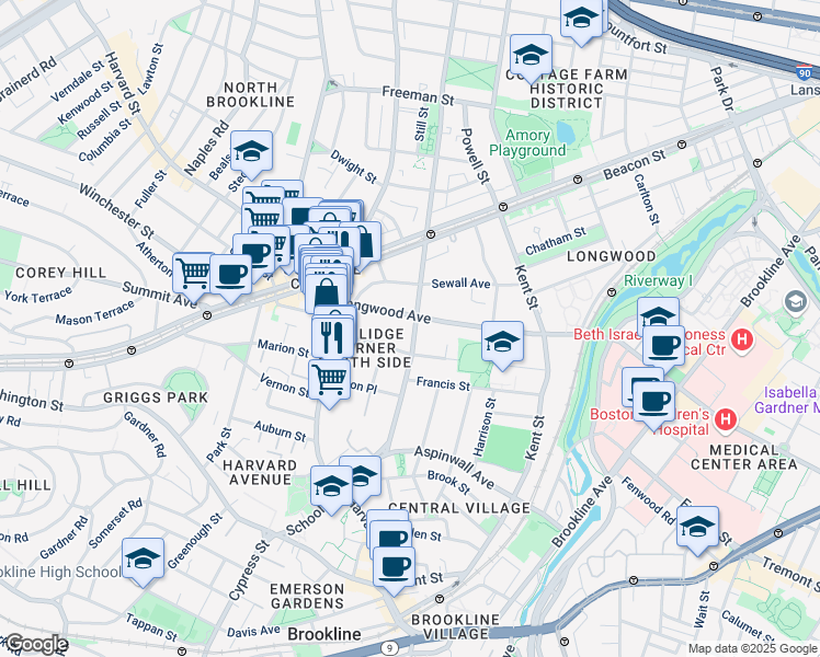 map of restaurants, bars, coffee shops, grocery stores, and more near 118 Saint Paul Street in Brookline
