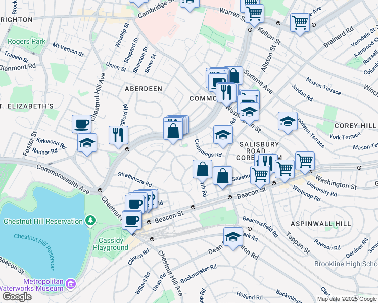 map of restaurants, bars, coffee shops, grocery stores, and more near 36 Cummings Road in Boston