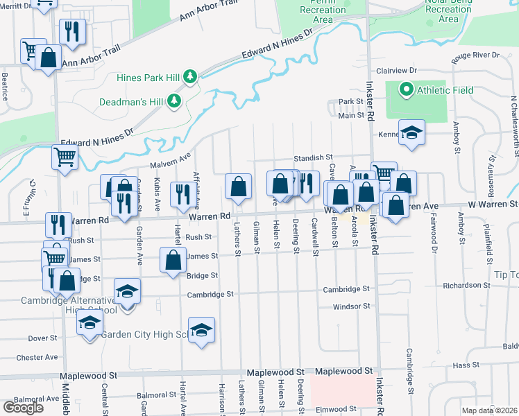 map of restaurants, bars, coffee shops, grocery stores, and more near 28170 Warren Road in Westland