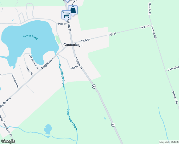 map of restaurants, bars, coffee shops, grocery stores, and more near 128 South Main Street in Cassadaga