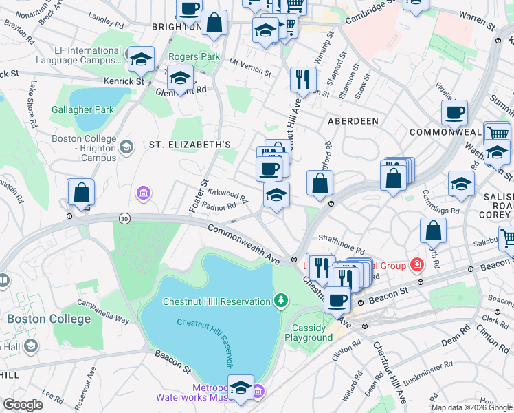 map of restaurants, bars, coffee shops, grocery stores, and more near 217 Chestnut Hill Avenue in Boston