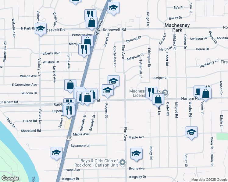 map of restaurants, bars, coffee shops, grocery stores, and more near 808 Harlem Road in Machesney Park