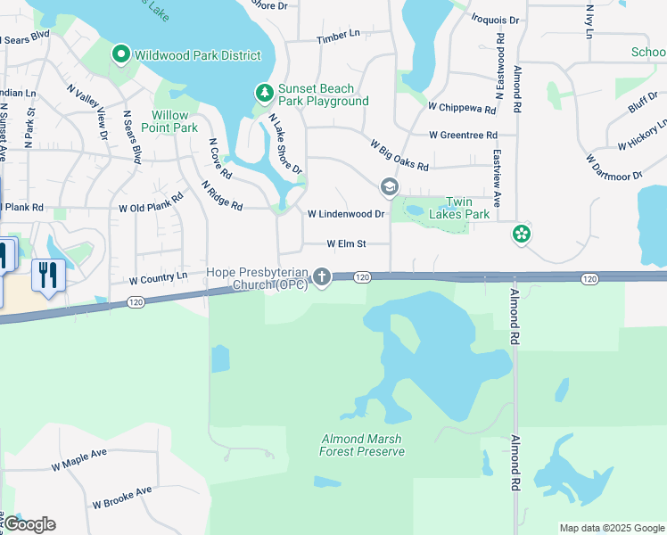 map of restaurants, bars, coffee shops, grocery stores, and more near 18198 Illinois 120 in Grayslake