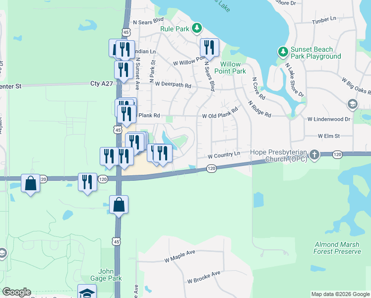map of restaurants, bars, coffee shops, grocery stores, and more near 1921 Country Drive in Grayslake