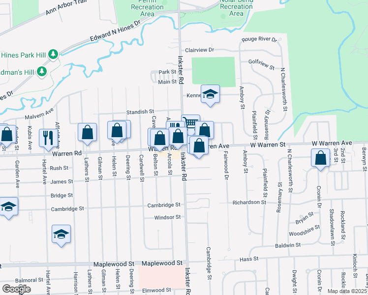 map of restaurants, bars, coffee shops, grocery stores, and more near 30500 West Warren Avenue in Dearborn Heights