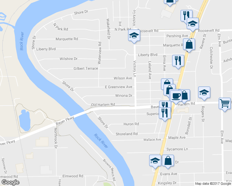map of restaurants, bars, coffee shops, grocery stores, and more near 210 Winona Drive in Machesney Park