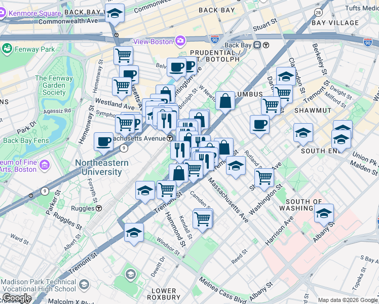map of restaurants, bars, coffee shops, grocery stores, and more near Massachusetts Ave & Columbus Ave in Boston