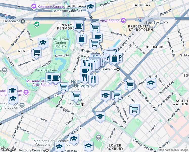map of restaurants, bars, coffee shops, grocery stores, and more near 320 Huntington Avenue in Boston