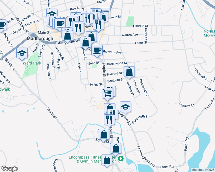 map of restaurants, bars, coffee shops, grocery stores, and more near 192 Maple Street in Marlborough