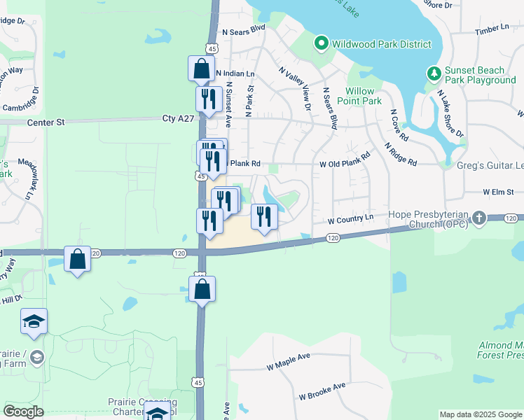 map of restaurants, bars, coffee shops, grocery stores, and more near 1904 Country Drive in Grayslake