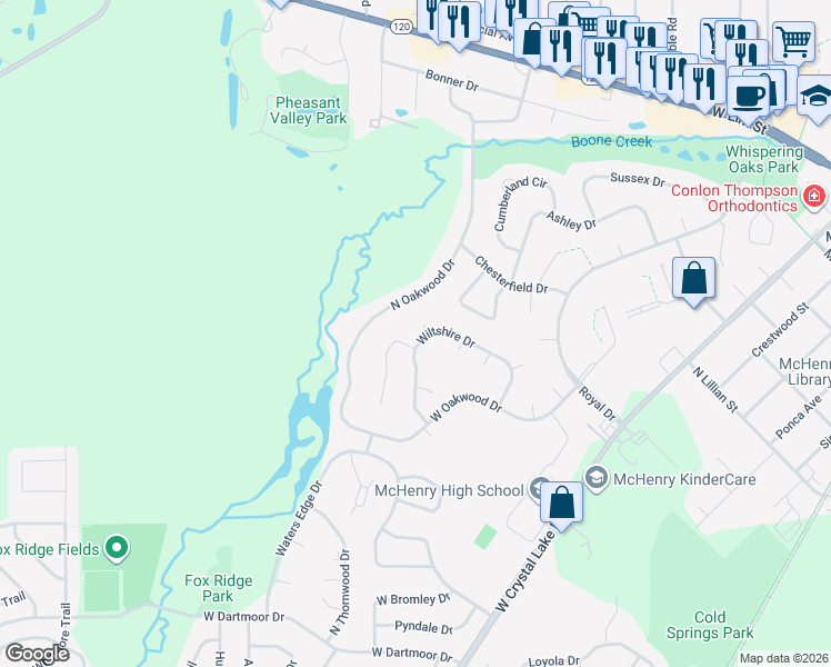 map of restaurants, bars, coffee shops, grocery stores, and more near 934 Wiltshire Drive in McHenry