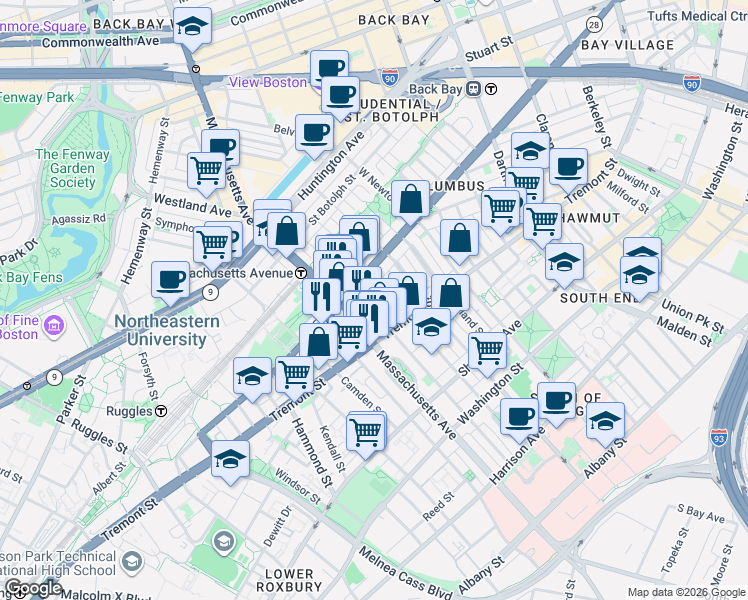 map of restaurants, bars, coffee shops, grocery stores, and more near 212 West Springfield Street in Boston