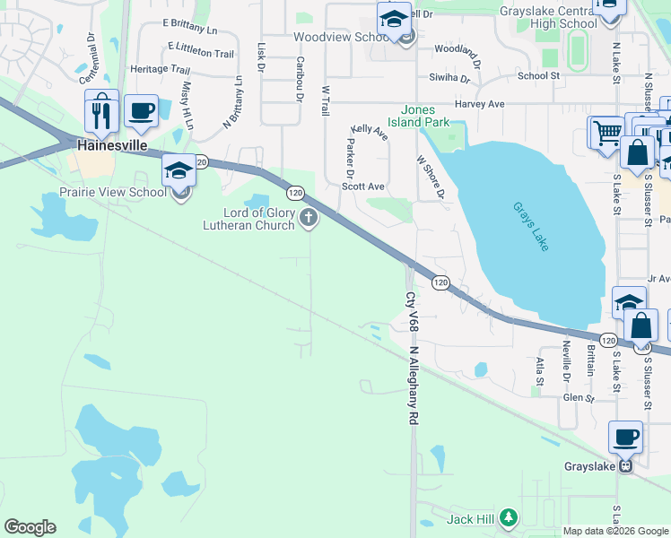 map of restaurants, bars, coffee shops, grocery stores, and more near 26155 Illinois 120 in Grayslake