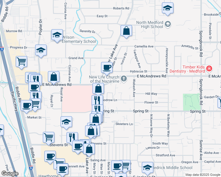 map of restaurants, bars, coffee shops, grocery stores, and more near 1774 East McAndrews Road in Medford