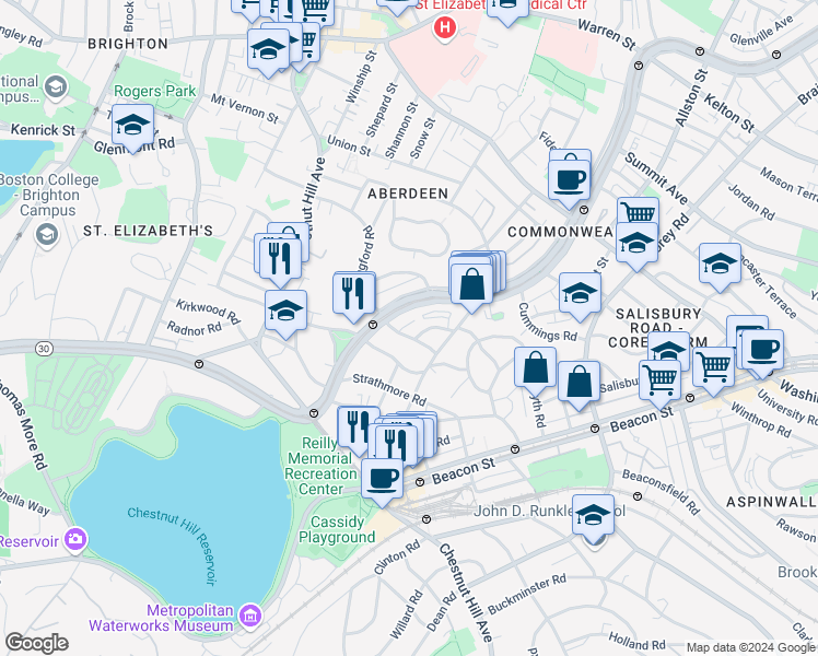 map of restaurants, bars, coffee shops, grocery stores, and more near 8 Kinross Road in Boston