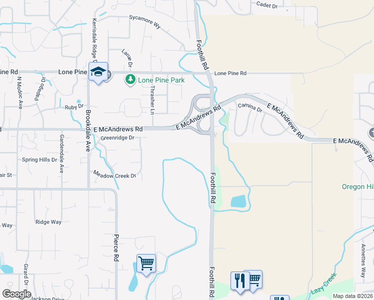 map of restaurants, bars, coffee shops, grocery stores, and more near 1570 Foothill Road in Medford