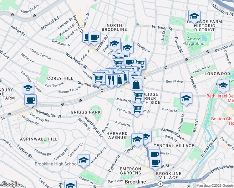 map of restaurants, bars, coffee shops, grocery stores, and more near in Brookline